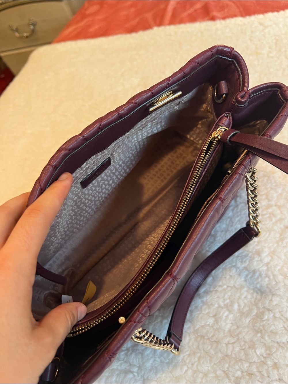 kate spade Quilted Burgundy Leather with Gold Chain Handles and longer strap. - Picture 7 of 13